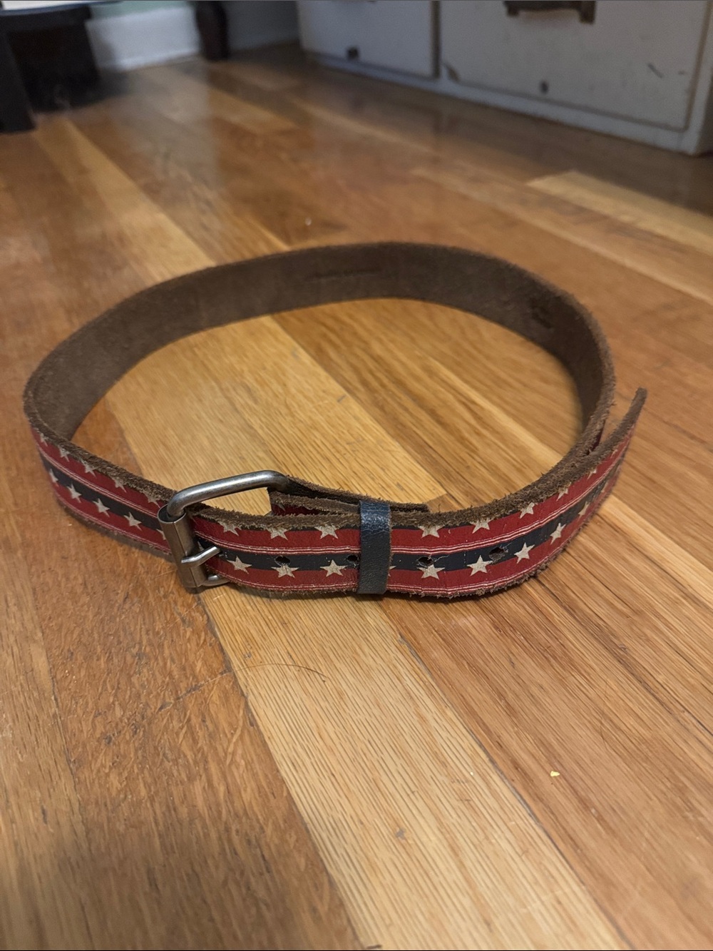 Men's Brown Leather Belt with Red, White & Blue Star Stripe